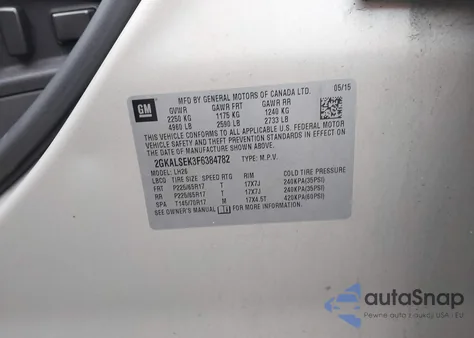 2015 GMC Terrain Slt-1 из США, поврежденный, VIN 2GKALSEK3F6384782